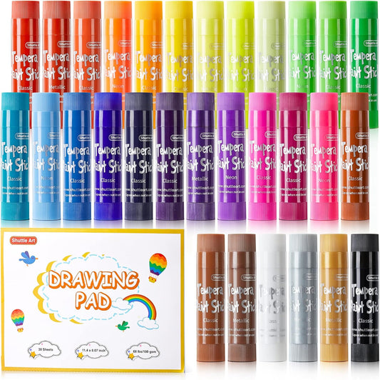 Tempera Paint Sticks, Shuttle Art 31 Pack Solid Tempera Paint Set, 30 Colors with 1 Drawing Pad for Kids, Washable, Super Quick Drying, Works Great on Paper Wood Glass Ceramic Canvas