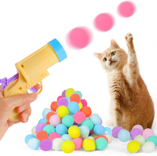 Splarwbk 1 Cat Ball Launcher + 80Pcs 1.2'' Balls, Silent Plush Elastic Ball Toy, Interactive Indoor Cat Toys, Plush Ball Shoot Gun for Kitty ThEverest