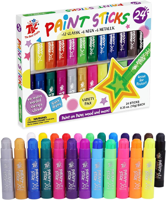 TBC The Best Crafts Paint Sticks,24 Classic Colors, Washable Paint, Non-toxic, Tempera Paint Sticks for Kids and Students