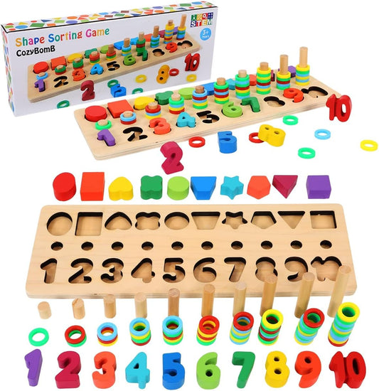 CozyBomb Wooden Number Puzzle Sorting Montessori Toys for 1 Year Old Toddlers - Shape Sorter Counting Game for age 3 4 5 year olds - Preschool Education Math Stacking Block Learning Wood Chunky Jigsaw ThEverest