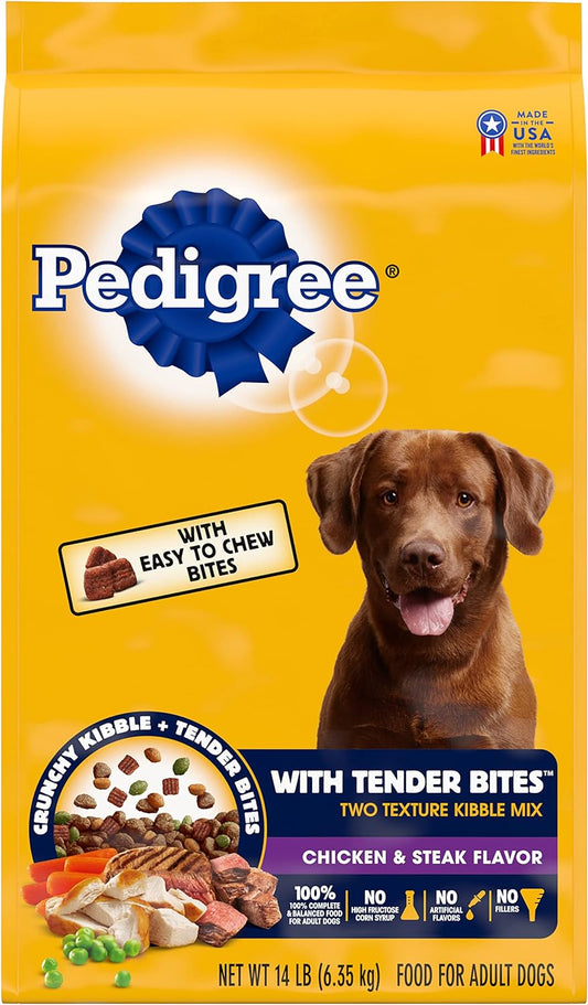 Pedigree with Tender Bites Complete Nutrition Adult Dry Dog Food Chicken & Steak Flavor Dog Kibble, 14 lb. Bag ThEverest