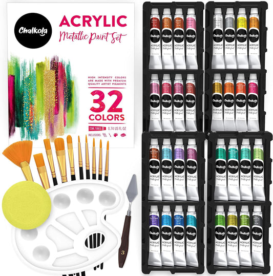 Acrylic Paint Set (32 Metallic Colors, 22 ml Tubes, 0.74 oz.) for Canvas, Crafts, Wood Painting - Rich Pigment, Non Fading, Vibrant Non Toxic Paints for Kids, Adults, Beginner & Professional Artists