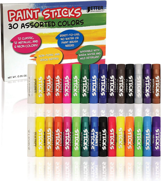 Solid Tempera Paint Sticks, 30 Pack, Fast Drying, No Brush or Water Needed, Washable, 30 Assorted Colors, 12 Classic/12 Metallic/6 Neon, by Better Office Products, Non-Toxic, Box of 30 Colors